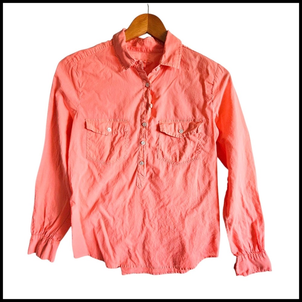 J. Crew Cotton Popover Shirt Button Down Long Sleeve Coral Size 2